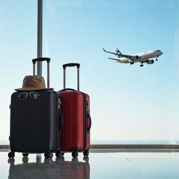 Suitcases at the airport with airplane in the sky – Japan travel and airport transfer service